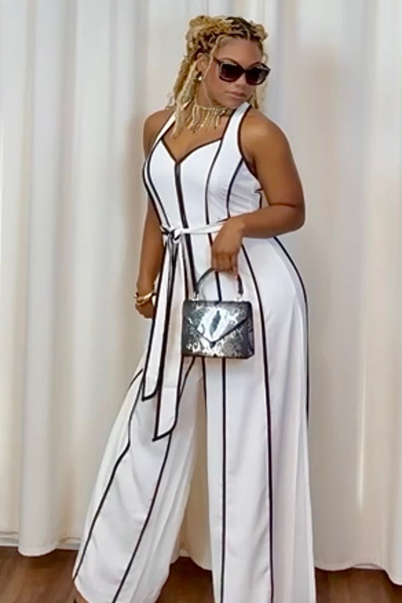 "Timeless Touch" White & Black Stripe Jumpsuit