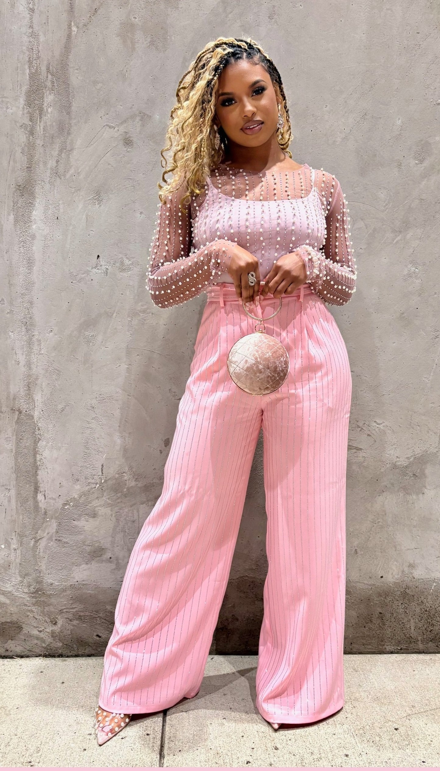 "Strawberry Sensation" Light Pink & Pear Studded Top w/ Matching Pant